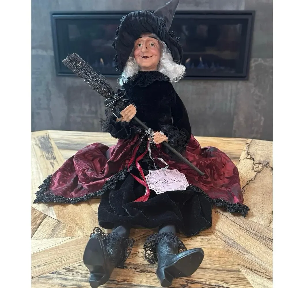 Bella Lux 24” Halloween Witch Doll Shelf Sitter Matilda Burgundy Brocade Broom